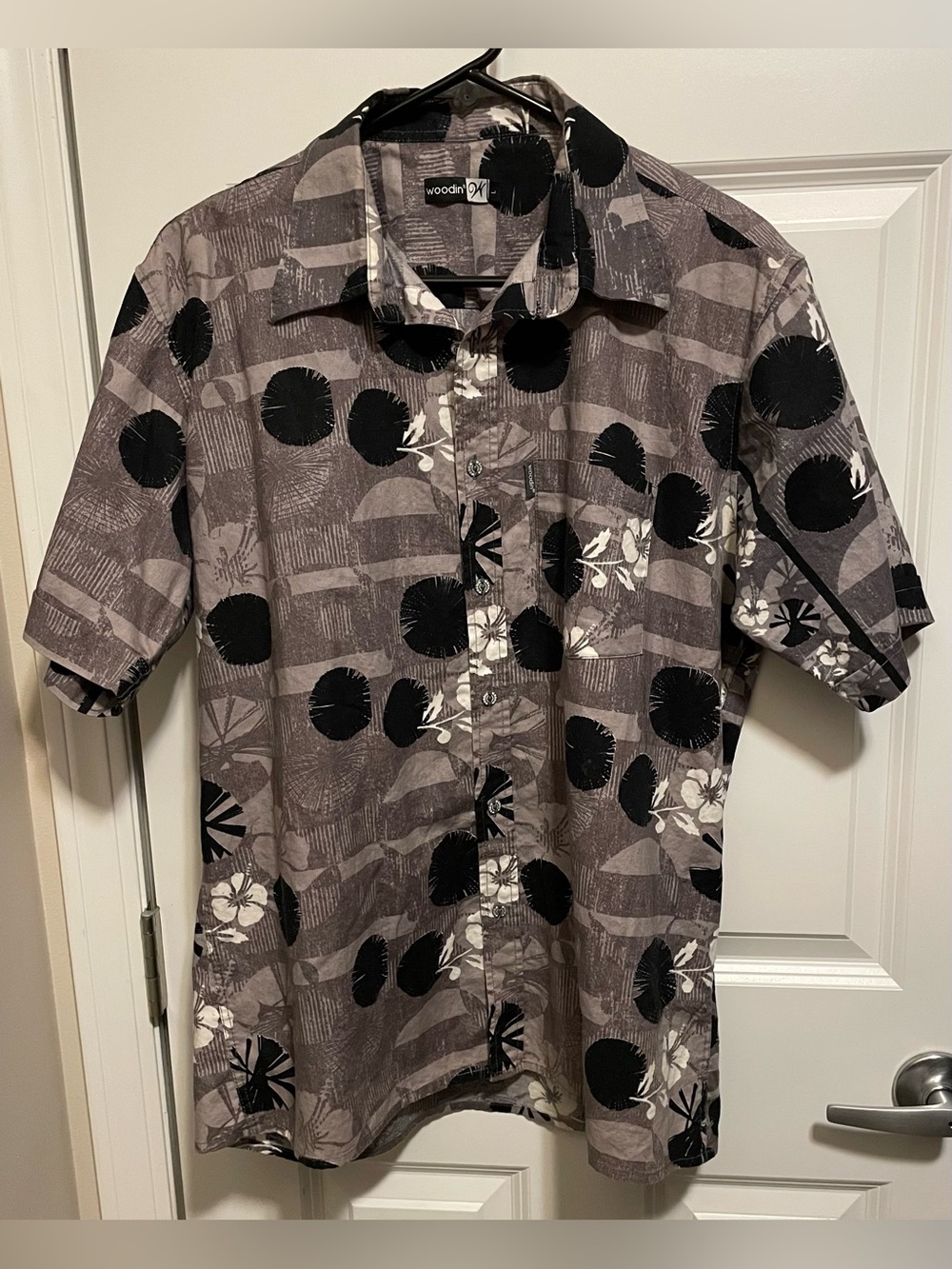 Woodin Men’s Abstract Patchwork Floral Button Up Shirt Grey Black Size L